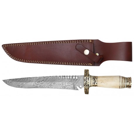 DAMASCUS - Dagger 39 cm bone & leather sheath