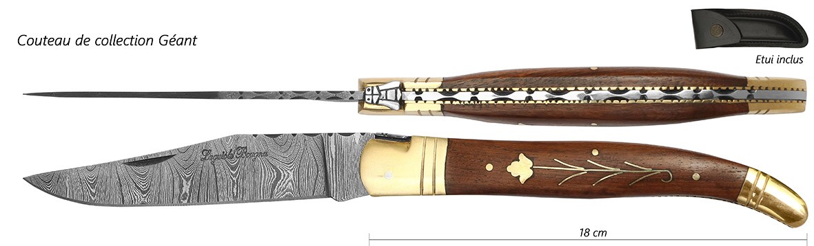 DAMAS - Folding knife géant 18 cm - dark wood fleur & Étui