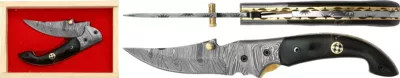 Damascus Trailing-Point Folding Knife with Black Horn Handle – 11 cm Handle, Wooden Box Included