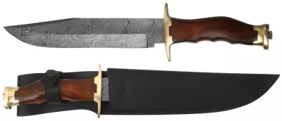 Damascus Fixed Blade Bowie Knife with Brass Guard & Walnut Wood Handle – 12.9 cm Handle, Leather Case Included
