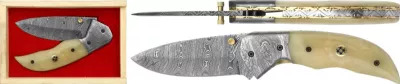 Damascus Blade Folding Knife with Engraved Brass Bolster & White Bone Handle – 12 cm Handle, Wooden Box Included