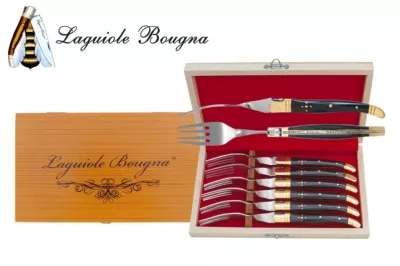 Black Horn Handle Table Fork Set – 12 cm Handle, Brass Bolster, Set of 6 with Sharpening Steel