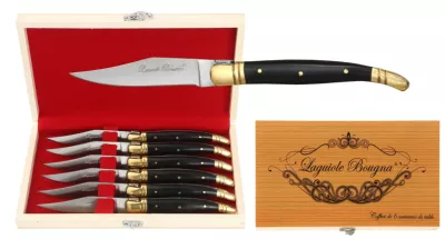 Black Horn Handle Table Knife Set – 12 cm Handle, Brass Bolster, Set of 6