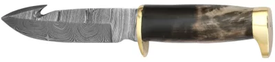Damascus Skinning Knife with Gut Hook & Marbled Horn Handle – 10.5 cm Handle, Leather Case Included