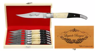 Two-Tone Horn & Bone Handle Table Knife Set – 12 cm Handle, Set of 6 in Wooden Case