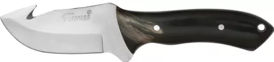 Fixed Blade Skinning Knife with Gut Hook & Dark Horn Handle – 10.6 cm Handle, Leather Case Included