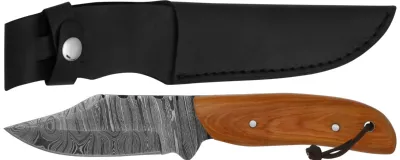 Damascus Fixed Blade Dagger Knife with Notched Spine & Olive Wood Handle – 12 cm Handle, Leather Case Included