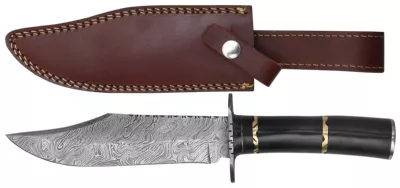 Damascus Fixed Blade Bowie Knife with Black Horn Handle & Brass Bands – 13 cm Handle, Leather Case Included