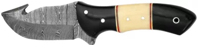 Damascus Skinning Knife with Gut Hook & Two-Tone Horn & Bone Handle – 10.6 cm Handle, Leather Case Included