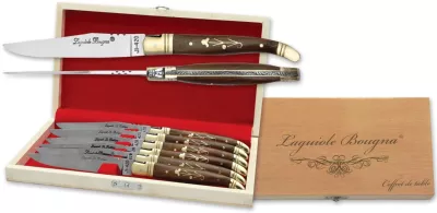 Acacia Wood Handle Table Knife Set with Brass Floral Inlay – 12 cm Handle, Set of 6 with Sharpening Steel