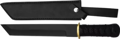Black-Coated Tanto Blade Knife with Cord-Wrapped Handle – 12.5 cm Handle, Leather Case Included