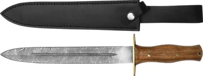 Damascus Fixed Blade Dagger Knife with Brass Guard & Walnut Wood Handle – 13 cm Handle, Leather Case Included