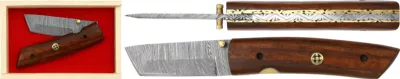 Damascus Tanto Blade Folding Knife with Dark Acacia Wood Handle – 11.5 cm Handle, Wooden Box Included