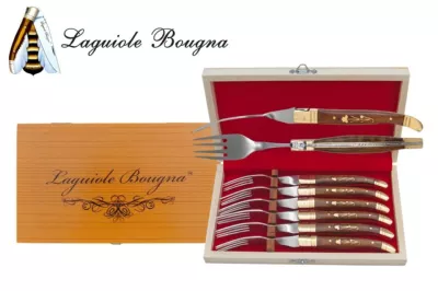 Acacia Wood Handle Table Knife & Fork Set with Brass Floral Inlay – 12 cm Handle, Set of 12