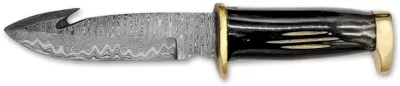 Damascus Skinning Knife with Gut Hook, Black Horn Handle & Pearl Inlay – 10.5 cm Handle, Leather Case Included