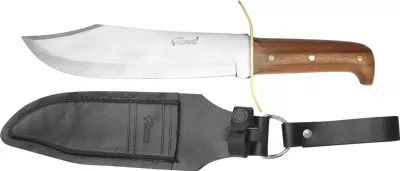 Fixed Blade Bowie Knife with Brass Spine Guard & Acacia Wood Handle – 11.4 cm Handle, Leather Case Included
