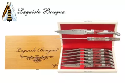 Red Dyed Wood Handle Table Knife Set – 12 cm Handle, Set of 6 with Sharpening Steel
