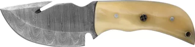 Damascus Fixed Blade Skinning Knife with Gut Hook & White Bone Handle – 11 cm Handle, Leather Case Included