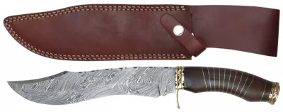Damascus Fixed Blade Knife with Brass-Wrapped Walnut Wood Handle – 12.5 cm Handle, Leather Case Included