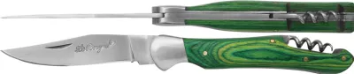 Vibrant Emerald Green Wood Handle Corkscrew Folding Knife – 12 cm Handle, Inox Bolster
