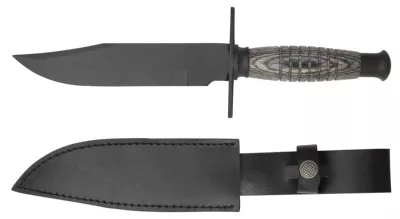 Black Tactical Fixed Blade Knife with Ringed Wood Grip – 12.5 cm Handle, Leather Case Included