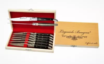 Black Horn Handle Table Knife Set – 12 cm Handle, Set of 6 with Sharpening Steel