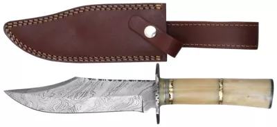 Damascus Fixed Blade Bowie Knife with White Bone Handle & Brass Rings – 12 cm Handle, Leather Case Included