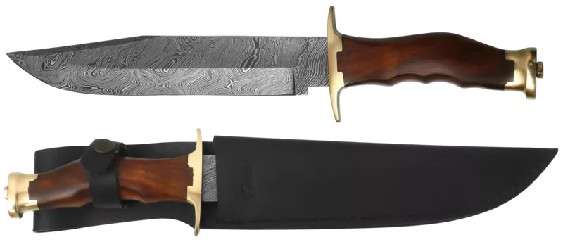 Damascus Fixed Blade Bowie Knife with Brass Guard & Walnut Wood Handle – 12.9 cm Handle, Leather Case Included