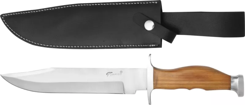 Fixed Blade Bowie Knife with Ridged Wood Grip – 12.9 cm Handle, Leather Case Included