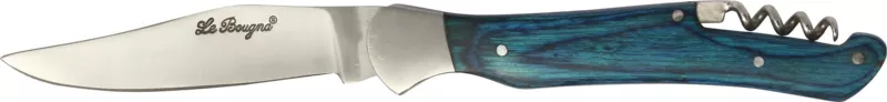 Vivid teal dyed wood handle corkscrew folding knife with inox bolster, blade open