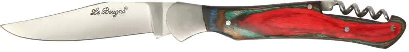 Fire red and green dyed wood handle corkscrew folding knife with inox bolster, blade open