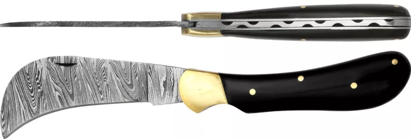 Damascus Blade Pruning Knife with Black Horn Handle – 10 cm Handle, Brass Bolster