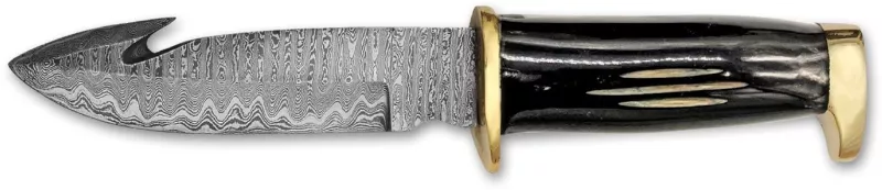 Damascus Skinning Knife with Gut Hook, Black Horn Handle & Pearl Inlay – 10.5 cm Handle, Leather Case Included