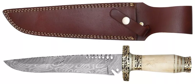 Damascus Fixed Blade Knife with Engraved Brass Fittings & White Bone Handle – 14 cm Handle, Leather Case Included