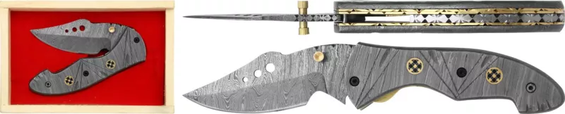 Damascus Blade Folding Knife with Skeletonized Steel Handle – 11 cm Handle, Wooden Box Included