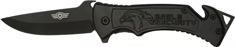 Grey and gold two-tone rescue folding knife with glass breaker and belt cutter, blade open