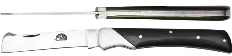 Grafting knife with hooked blade and black horn handle
