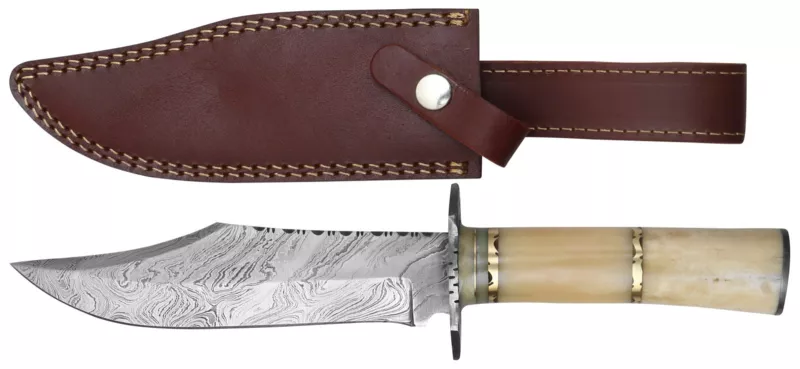 Damascus Fixed Blade Bowie Knife with White Bone Handle & Brass Rings – 12 cm Handle, Leather Case Included