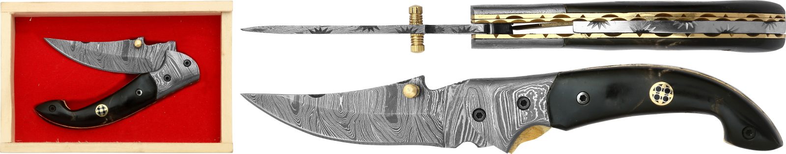 Damascus Blade Skinning Knife with Black Horn Handle – 11 cm Handle, Wooden Box Included