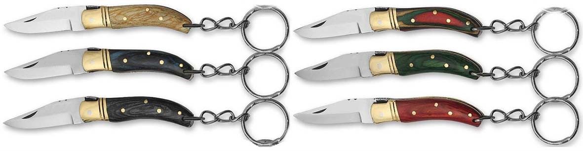 Assorted Wood Handle Folding Knife Keychain 12-Piece Set – 6 cm Handle, Inox Bolster