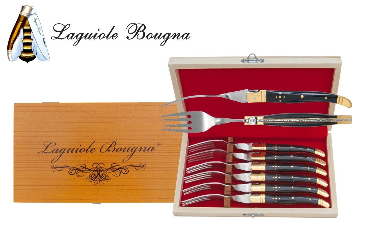 Black Horn Handle Table Fork Set – 12 cm Handle, Brass Bolster, Set of 6 with Sharpening Steel