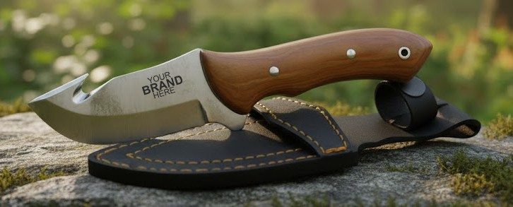 Skinning Knife with Gut Hook & Teak Wood Handle – 10.6 cm Handle, Leather Case Included