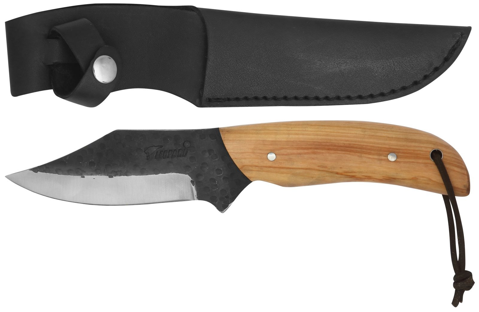 Fixed Blade Knife with Hammered Blade Finish & Olive Wood Handle – 12 cm Handle, Leather Case Included