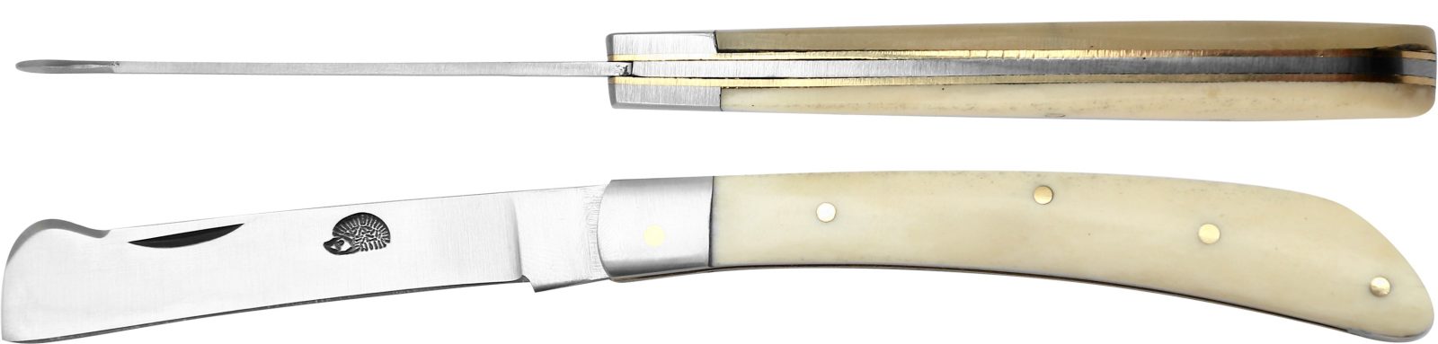 White Bone Handle Curved Grafting Knife with Bark Lifter – 10 cm Handle, Inox Bolster