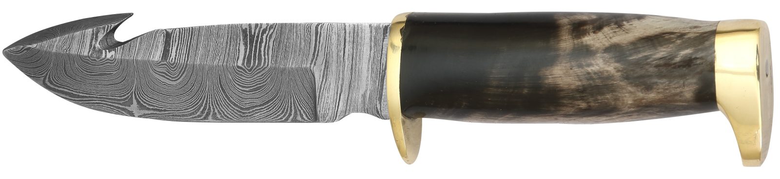 Damascus Skinning Knife with Gut Hook & Marbled Horn Handle – 10.5 cm Handle, Leather Case Included