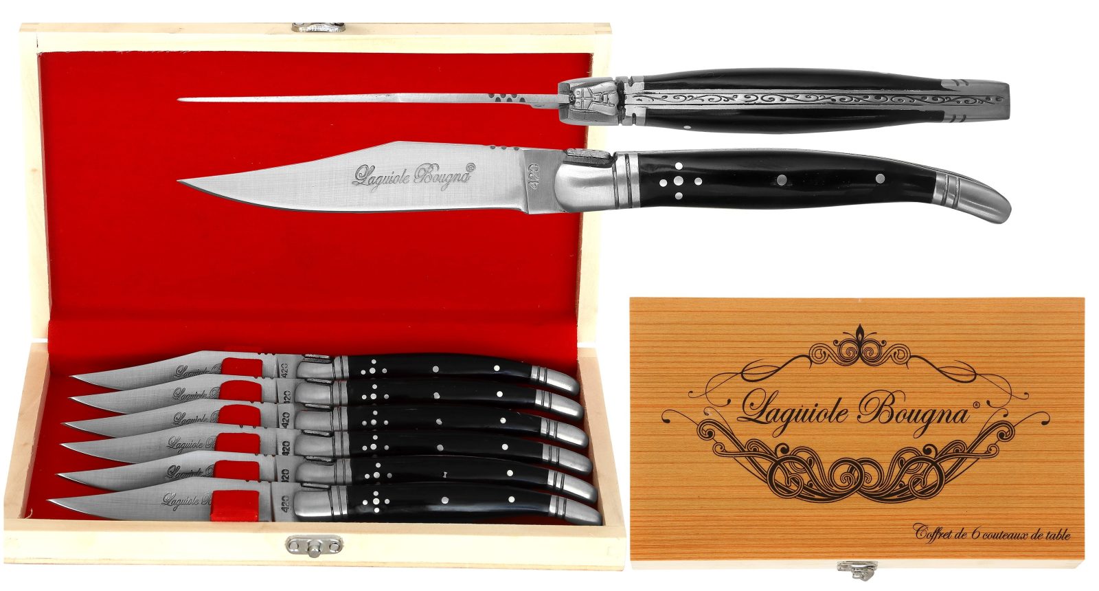 Glossy Black Horn Handle Table Knife Set – 12 cm Handle, Set of 6
