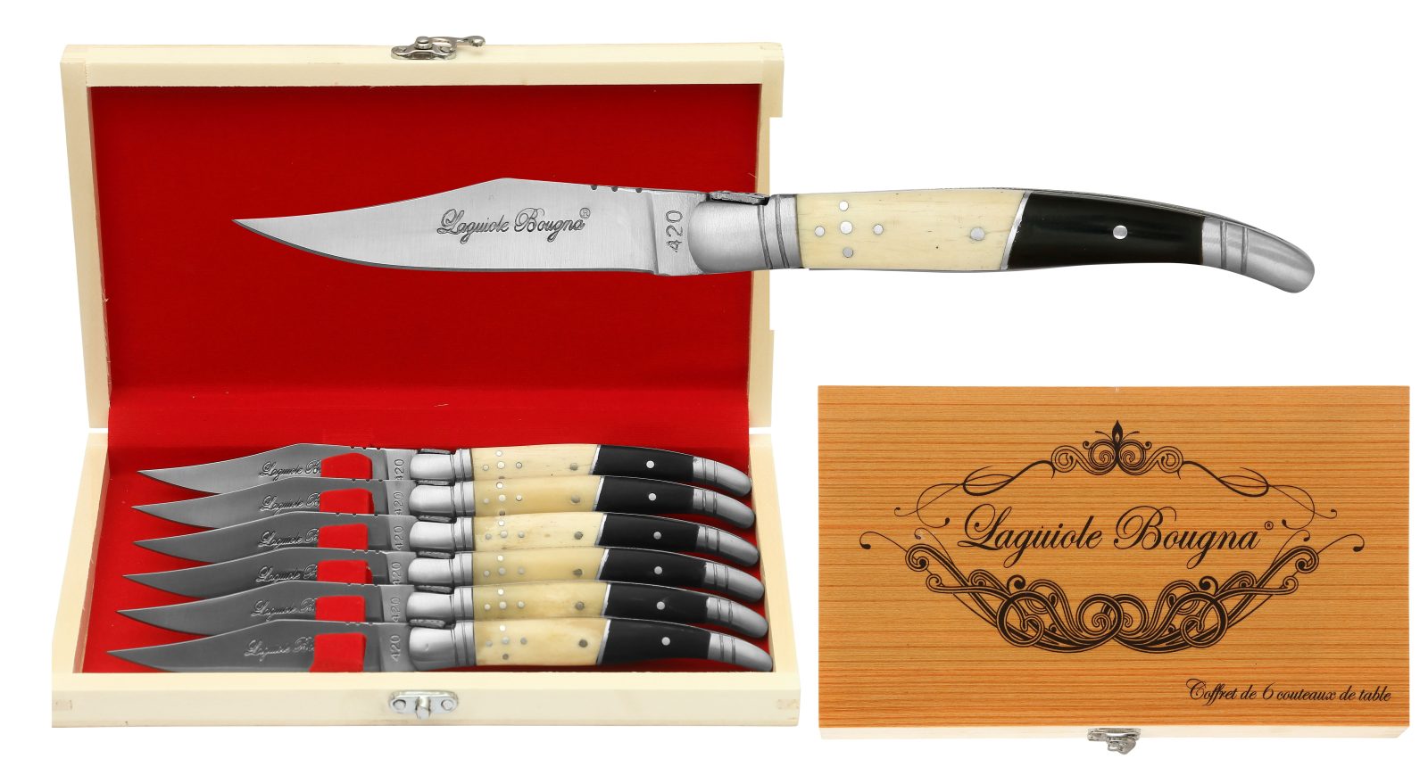 Two-Tone Horn & Bone Handle Table Knife Set – 12 cm Handle, Set of 6 in Wooden Case