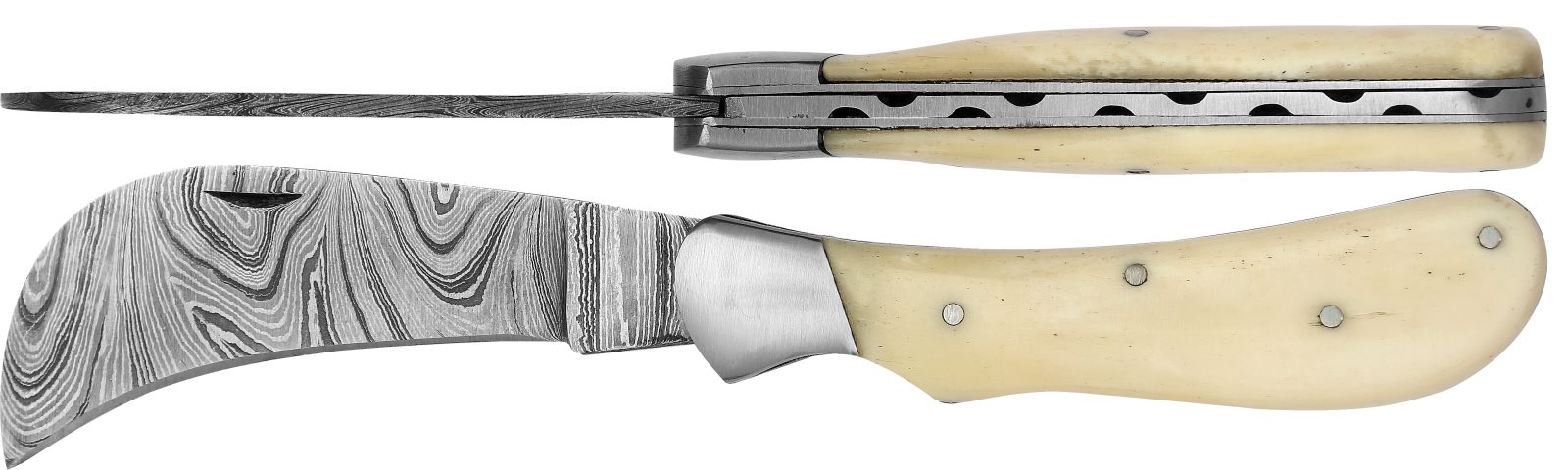 Damascus Blade Pruning Knife with White Bone Handle – 10 cm Handle, Inox Bolster