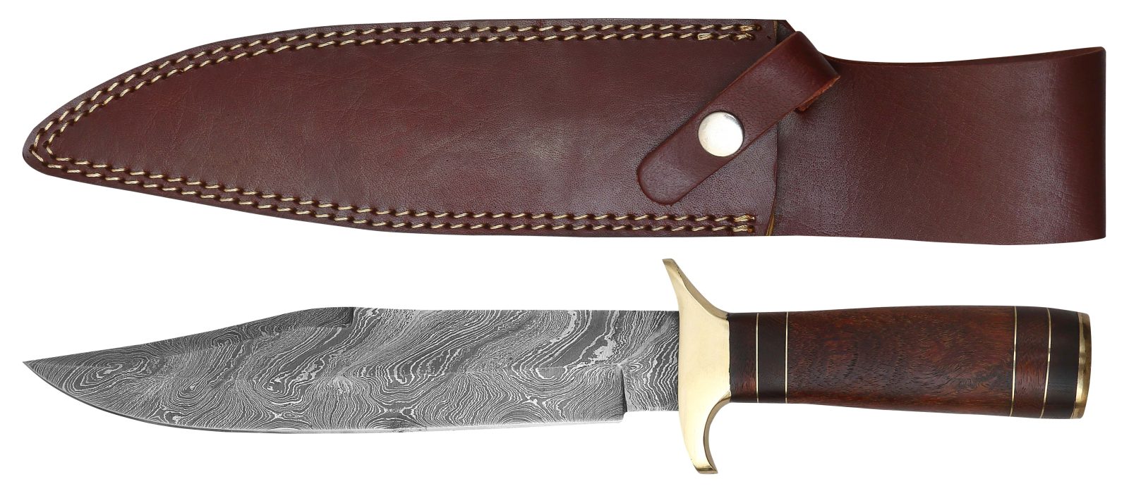 Damascus Fixed Blade Bowie Knife with Brass Guard & Walnut Wood Handle – 14 cm Handle, Leather Case Included