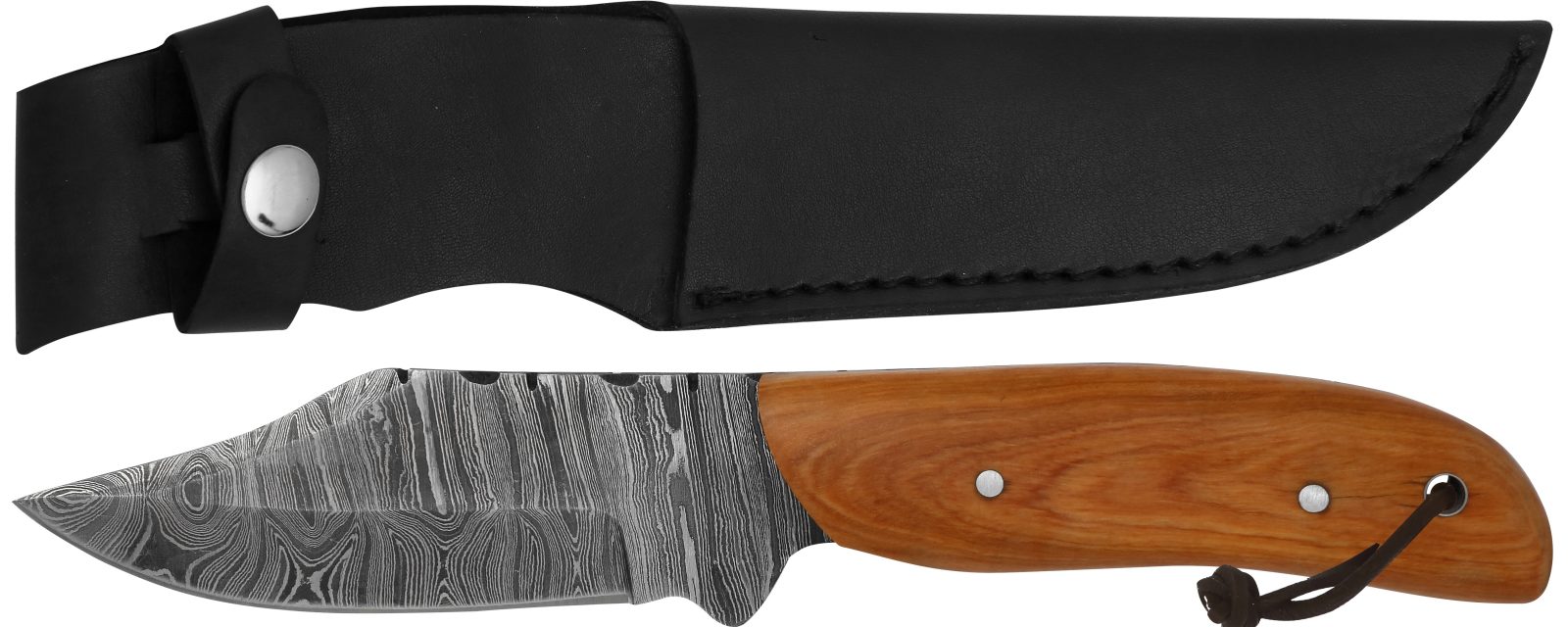 Damascus Fixed Blade Dagger Knife with Notched Spine & Olive Wood Handle – 12 cm Handle, Leather Case Included